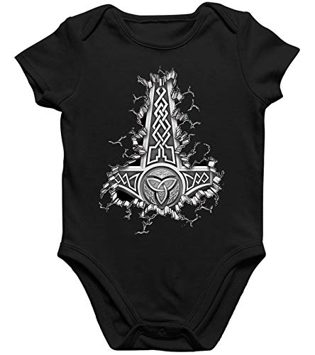 Quattro Formatee Hammer Wikinger Viking Valhalla Odin Thor Nordmann Wolf Nordische Mythologie Skal Norse D Kurzarm Baby Body Einzelteiler Strampler | Schwarz | 18-24 Monate von Quattro Formatee