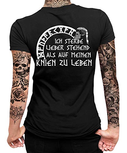 Quattro Formatee Ich sterbe Lieber stehend - Wikinger Viking Valhalla Odin Thor Nordmann Wolf Nordische Mythologie Skal Norse Frauen Damen T-Shirt Rücken von Quattro Formatee