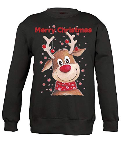 Quattro Formatee Schönes Merry Christmas Rentier - Weihnachten Merry Christmas Ugly X-Mas Santa Claus Weihnachtsoutfit Weihnachtspulli Weihnachtspullover D Kinder Pullover Sweatshirt | Schwarz | 140 von Quattro Formatee