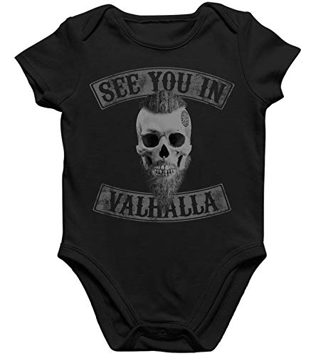 Quattro Formatee See You in Valhalla Wikinger Viking Odin Thor Nordmann Wolf Nordische Mythologie Skal Norse D Kurzarm Baby Body Einzelteiler Strampler | Schwarz | 3-6 Monate von Quattro Formatee