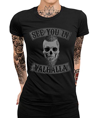 Quattro Formatee See You in Valhalla Wikinger Viking Odin Thor Nordmann Wolf Nordische Mythologie Skal Norse Frauen Damen T-Shirt von Quattro Formatee