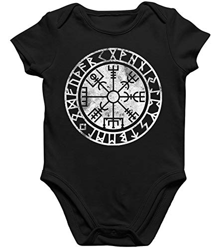 Quattro Formatee Vegvisir Futhark Wikinger Viking Valhalla Odin Thor Nordmann Wolf Nordische Mythologie Skal Norse D Kurzarm Baby Body Einzelteiler Strampler | Schwarz | 0-3 Monate von Quattro Formatee