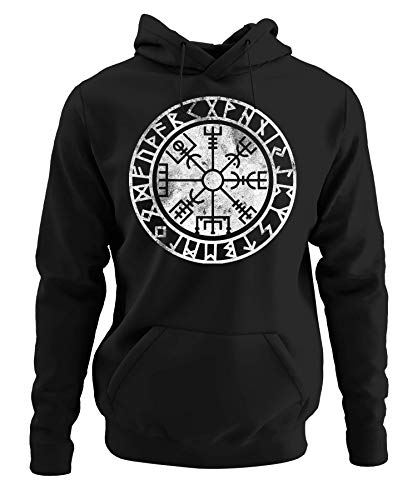 Quattro Formatee Vegvisir Futhark Wikinger Viking Valhalla Odin Thor Nordmann Wolf Nordische Mythologie Skal Norse D Pullover Hoodie Kapuzenpullover | Schwarz | 3XL von Quattro Formatee