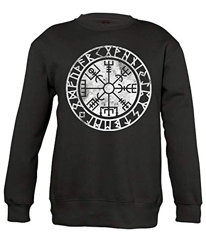 Quattro Formatee Vegvisir Futhark Wikinger Viking Valhalla Odin Thor Nordmann Wolf Nordische Mythologie Skal Norse Kinder Pullover Sweatshirt von Quattro Formatee