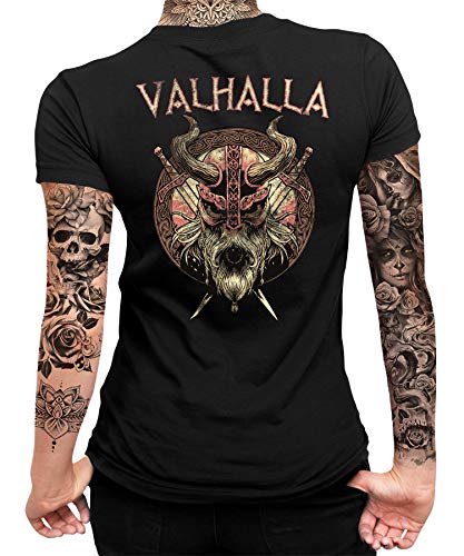 Quattro Formatee Wikinger Viking Valhalla Odin Thor Nordmann Wolf Nordische Mythologie Skal Norse Frauen Damen T-Shirt Rücken von Quattro Formatee