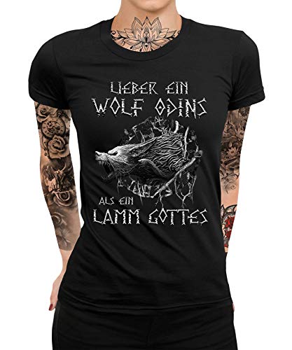 Quattro Formatee Wolf Odins Wikinger Viking Valhalla Odin Thor Nordmann Wolf Nordische Mythologie Skal Norse Frauen Damen T-Shirt von Quattro Formatee