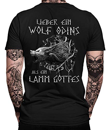 Quattro Formatee Wolf Odins Wikinger Viking Valhalla Odin Thor Nordmann Wolf Nordische Mythologie Skal Norse Herren Männer T-Shirt Rücken von Quattro Formatee