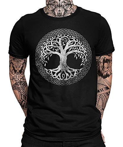 Quattro Formatee Yggdrasil Baum des Lebens Wikinger Viking Valhalla Odin Thor Nordmann Wolf Nordische Mythologie Skal Norse Herren Männer T-Shirt von Quattro Formatee