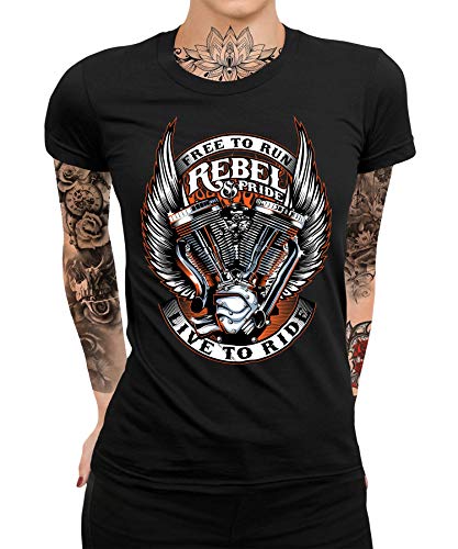 Rebel & Pride - Biker Bike Motorrad Motorradfahren Chopper Rider Moped Rocker Metal Racer Frauen Damen T-Shirt von Quattro Formatee