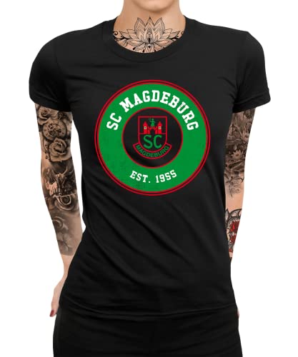 SC Magdeburg - Handball Teams Bundesliga Mannschaft HBL Deutscher Handballbund DHB Handballspieler Fans Frauen Damen T-Shirt | Schwarz | XL von Quattro Formatee