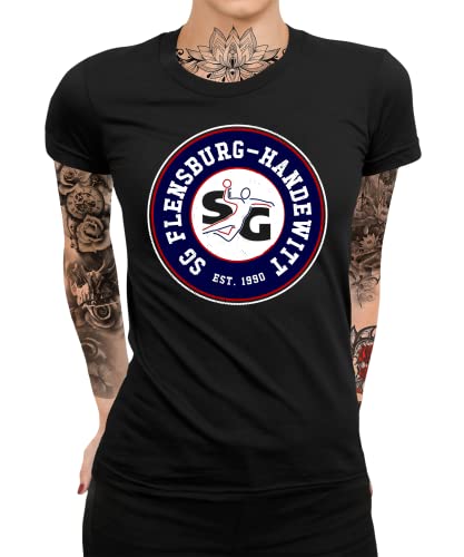 SG Flensburg-Handewitt - Handball Teams Bundesliga Mannschaft HBL Deutscher Handballbund DHB Handballspieler Fans Frauen Damen T-Shirt | Schwarz | S von Quattro Formatee