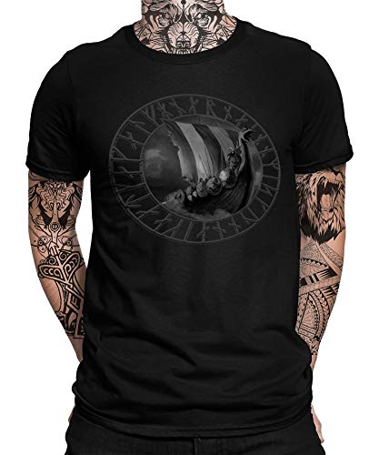 Schiff Wikinger Viking Valhalla Odin Thor Nordmann Wolf Nordische Mythologie Skal Norse D Herren Männer T-Shirt | Schwarz | 3XL von Quattro Formatee