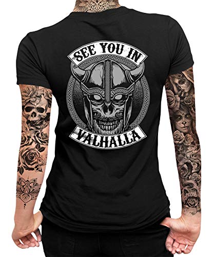 See You in Valhalla Wikinger Viking Thor Nordmann Wolf Nordische Mythologie Skal Norse B Damen Frauen T-Shirt | Schwarz | XXL | Beidseitig von Quattro Formatee