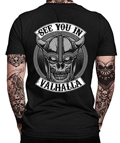 See You in Valhalla Wikinger Viking Thor Nordmann Wolf Nordische Mythologie Skal Norse B Herren Männer T-Shirt | Schwarz | S | Beidseitig von Quattro Formatee