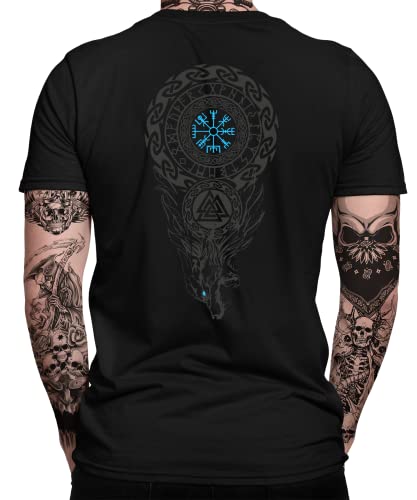 Valhalla - Fenriswolf Loki Valknut Vegvisir Runen - Wikinger Viking Nordmann Nordische Mythologie Berserker Norse Wodan Mjölnir Herren Männer T-Shirt | Schwarz | XXL von Quattro Formatee