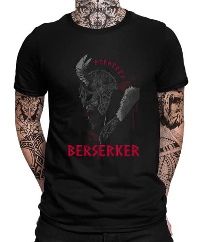 Valhalla - Schildmaid & Berserker - Wikinger Viking Nordmann Nordische Mythologie Berserker Norse Valknut Wodan Mjölnir Herren Männer T-Shirt | Schwarz | 3XL von Quattro Formatee