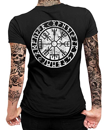 Vegvisir Futhark Wikinger Viking Valhalla Odin Thor Nordmann Wolf Nordische Mythologie Skal Norse B Damen Frauen T-Shirt | Schwarz | L | Beidseitig von Quattro Formatee