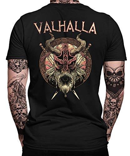 Wikinger Viking Valhalla Odin Thor Nordmann Wolf Nordische Mythologie Skal Norse B Herren Männer T-Shirt | Schwarz | XL | Beidseitig von Quattro Formatee