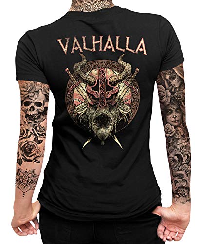 Wikinger Viking Valhalla Odin Thor Nordmann Wolf Nordische Mythologie Skal Norse Frauen Damen T-Shirt Rücken von Quattro Formatee