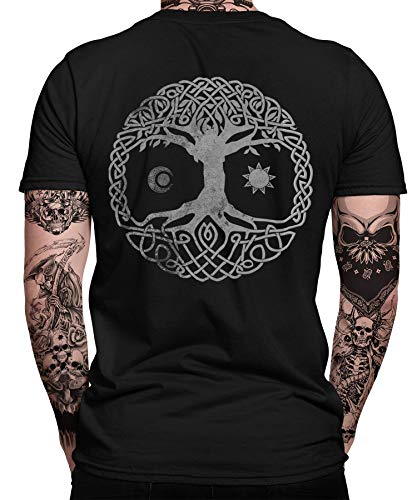 Yggdrasil Baum Wikinger Viking Valhalla Odin Thor Nordmann Wolf Nordische Mythologie Skal Norse B Herren Männer T-Shirt | Schwarz | L | Beidseitig von Quattro Formatee