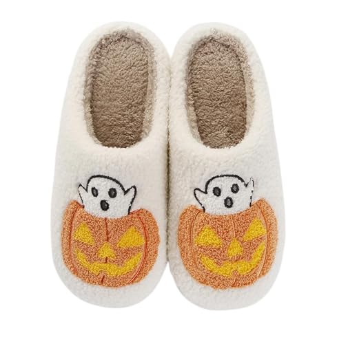 Qubuwalk Halloween-Kürbis-Hausschuhe für Damen und Herren, gruselige Slides, weicher Plüsch, flauschig, Hausschuhe, Indoor-Outdoor-Schuhe, süßer Kürbis, 9-10 Women/7.5-8 Men von Qubuwalk
