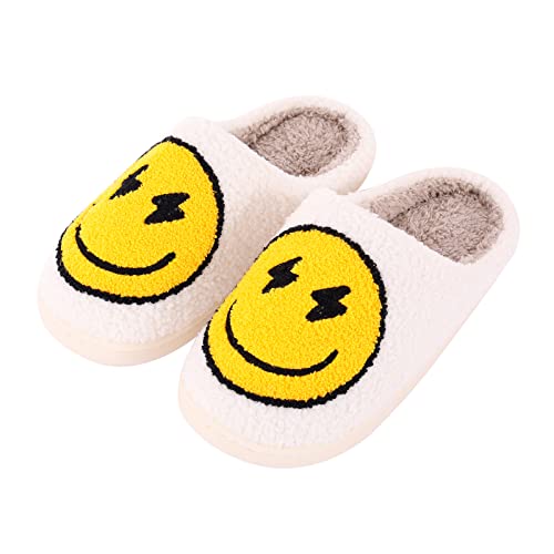 Qubuwalk Retro-Hausschuhe mit lächelndem Gesicht, weicher Plüsch, bequem, warm, flauschig, gemütlich, für Damen, Weißes Blitzauge, 40 EU von Qubuwalk