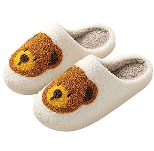 Retro Smiley Gesicht Hausschuhe Weich Plüsch Bequem Warm Slip-on Slides Damen Gemütlich Pelz Hausschuhe Winter, Weißer Bär, 38.5 EU von Qubuwalk
