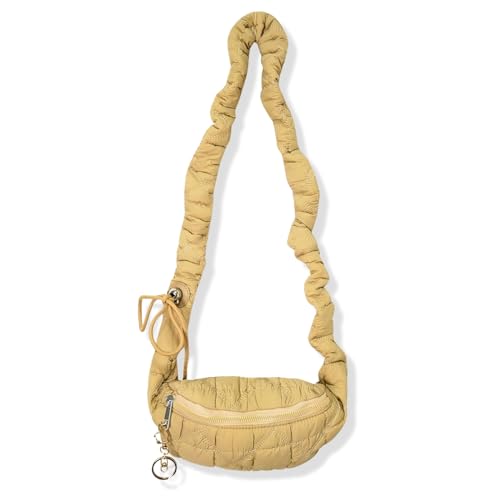 Qucchanen Gesteppte Bauchtasche mit süßem Katzen-Schlüsselanhänger, bauschige, leichte Umhängetasche, weiche Polsterung, Nylon-Schultertasche, Brust-Geldbörse für Damen, Beige, Casual von Qucchanen