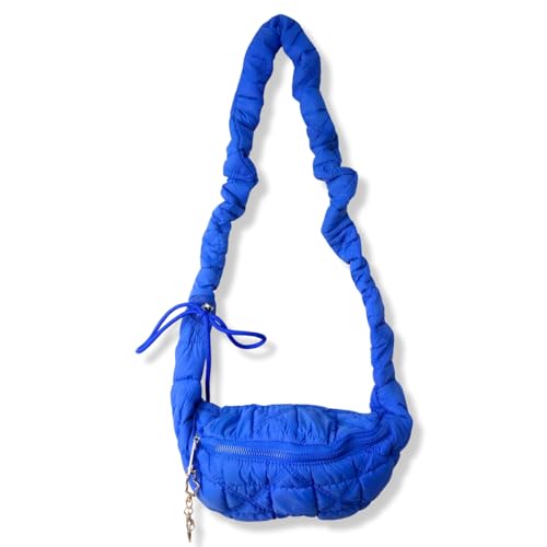 Qucchanen Gesteppte Bauchtasche mit süßem Katzen-Schlüsselanhänger, bauschige, leichte Umhängetasche, weiche Polsterung, Nylon-Schultertasche, Brust-Geldbörse für Damen, Blau, Casual von Qucchanen