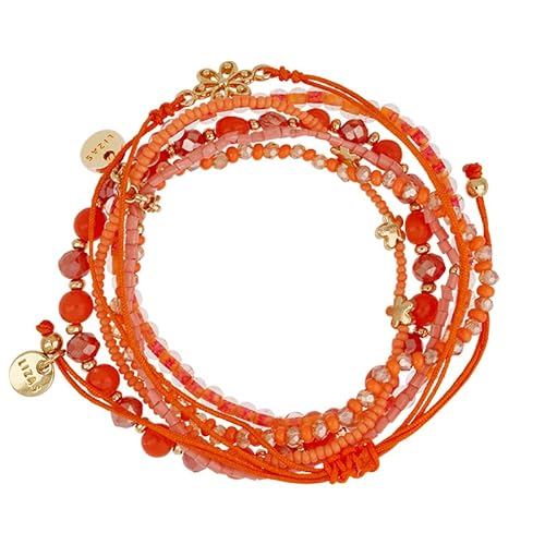 Lizas Armband fünfreihig + Stoffarmband mit verschiedenen Perlen und Farben - Zugband (orange) von Qudo