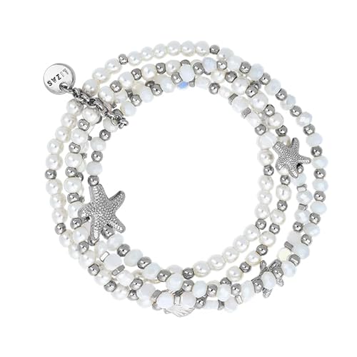 Lizas Perlenarmband vierreihig mit Muschel und Seestern (weiß/silber) von Qudo