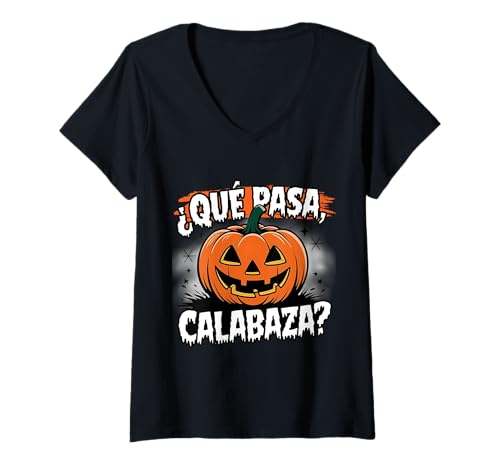 Damen Mexikanischer Halloween-Spanischlehrer, Halloween-Outfit, Kürbis T-Shirt mit V-Ausschnitt von Que Pasa Calabaza