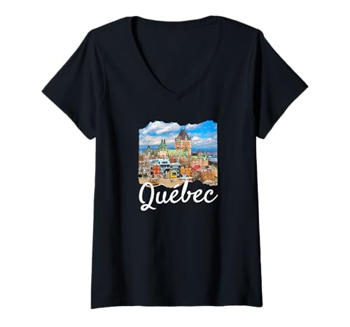 Damen Retro Quebec Souvenir Kanada Souvenir/Quebec T-Shirt mit V-Ausschnitt von Quebec Canada Souvenir Store