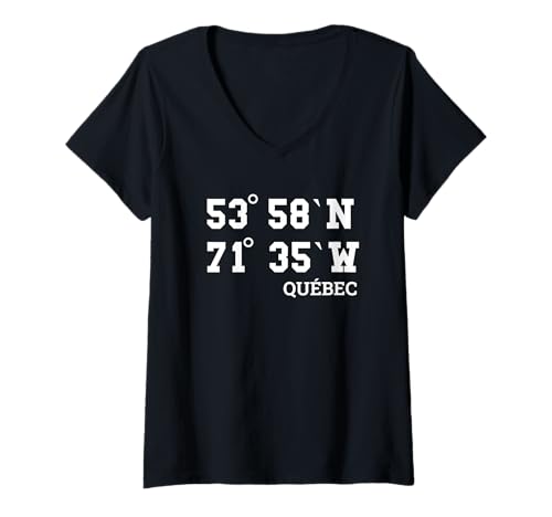 Damen Québec Koordinaten Design Urlaub Reise Kanada T-Shirt mit V-Ausschnitt von Québec Kanada Urlaub Bekleidung & Geschenkidee
