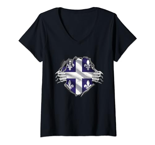 Damen Quebec Kanada – lustiger Kanadier T-Shirt mit V-Ausschnitt von Quebec und kanadische Flagge