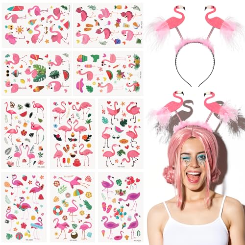 Queekay 10 Blätter Flamingo Tattoos und Flamingo Haarreif Wasserfeste Aufkleber Rosa Flamingo Stirnband Flamingo Temporäre Tattoos und Kopfschmuck für Party Karneval Strand Sommer Party Geburtstag von Queekay
