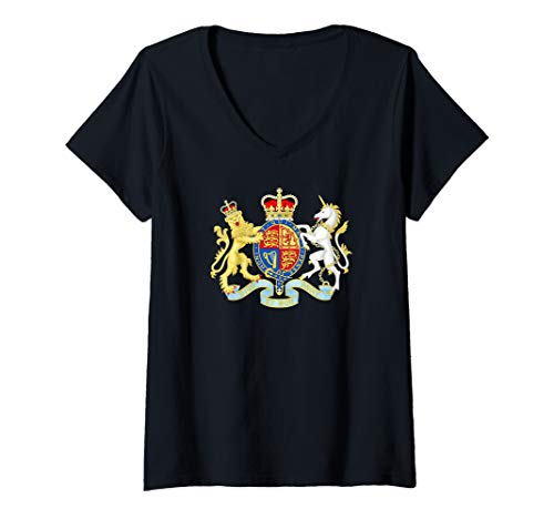 Damen Queen Elizabeth II Royal Coat of Arms Emblem Monarch Crest T-Shirt mit V-Ausschnitt von Queen Elizabeth II Gifts