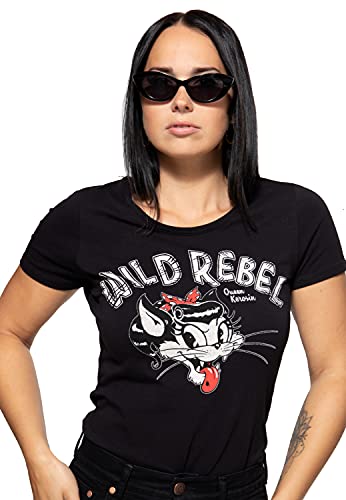 Queen Kerosin Damen Basic T-Shirt Slim Fit Retro Frontprint Baumwolle Stretch Cartoon Wild Rebel von Queen Kerosin