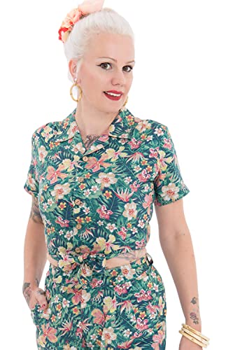 Queen Kerosin Damen Bluse Mit Tropischem Muster V Ausschnitt Kurzarm Kurzarmbluse Loose Fit Gemustert Aufschlag von Queen Kerosin