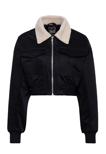 Queen Kerosin Damen Cropped Jacke · Bomberjacke · Kurze Jacke · Blousonjacke · Bikerjacke · Bauchfrei · Zip Up · Damen · Jacke · Kurz · Teddykragen · Retro · Vintage · Uni · Schwarz von Queen Kerosin