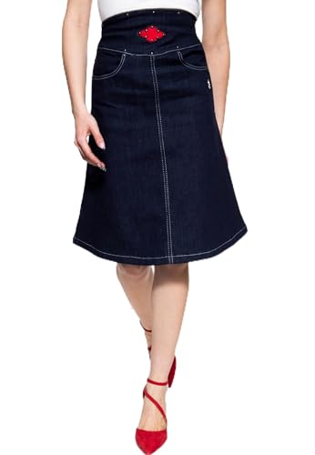 Queen Kerosin Damen Denim Jeans Rock · A-Linie · Skirt · Ausgestellt · Knielang · Elastan · Elastisch · Hoher Bund · Nieten · Asymmetrisch · Vintage · Retro · Rockabilly · Rockabella von Queen Kerosin