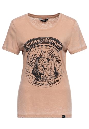 Queen Kerosin Damen Enzym Wash T-Shirt Kurzarm Washed Rundhals Print Top Unikat Vintage Retro Used-Look Ärmellos Oberteil Mexico Día De Muertos Hasta La Muerte von Queen Kerosin