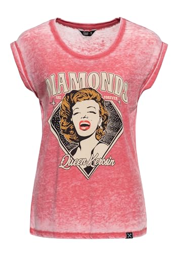 Queen Kerosin Damen Enzym Wash T-Shirt Rundhals Aufschlagärmel Logo-Label Druck Print Top Unikat Vintage Retro Used-Look Ärmellos 50S Rockabilly Diamonds von Queen Kerosin