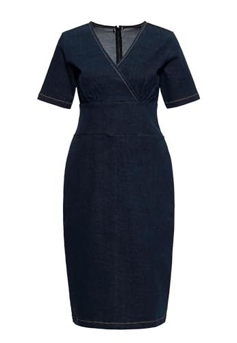 Queen Kerosin Damen Etuikleid Denimkleid Jeanskleid Bleistiftkleid Kimono Wickeloptik Overlapped Kurzarm Vintage Retro 1950S Rockabella Rockabilly von Queen Kerosin