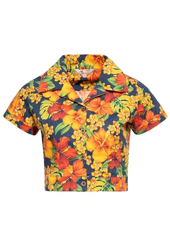 Queen Kerosin Damen Hawaii Bluse Cropped Bluse Hemdbluse Hawaiishirt Hibiskus Retro Vintage Crop Top 50S Rockabella Hibiskus von Queen Kerosin