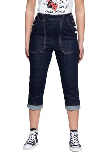 Queen Kerosin Damen High Waist Capri Jeanshose Slim Fit Worker-Look Knopfverschluss 50S Denim Vintage Seitlicher Verschluss von Queen Kerosin