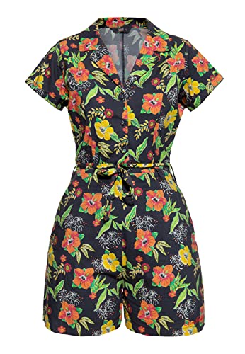 Queen Kerosin Damen Jumpsuit | Playsuit | Tropischer All-Over-Print | Hibiskus | 50S | Vintage | Rockabilly | Retro | Hibiskus | Black Hibiscus Black von Queen Kerosin