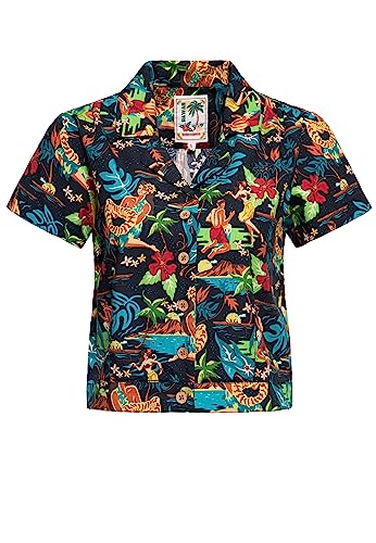 Queen Kerosin Damen Kurzarm Bluse Hawaiianische Bluse Hemdbluse Hemdshirt Reverskragen Alloverprint Kurz von Queen Kerosin