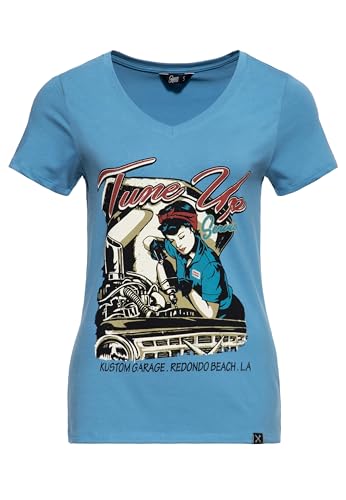 Queen Kerosin Damen Kurzarm T-Shirt V Ausschnitt Tune Up Print Slim Fit Tune Up von Queen Kerosin