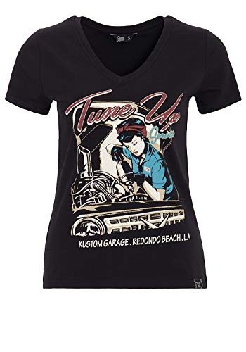 Queen Kerosin Damen Kurzarm T-Shirt V Ausschnitt Tune Up Print Slim Fit Tune Up von Queen Kerosin